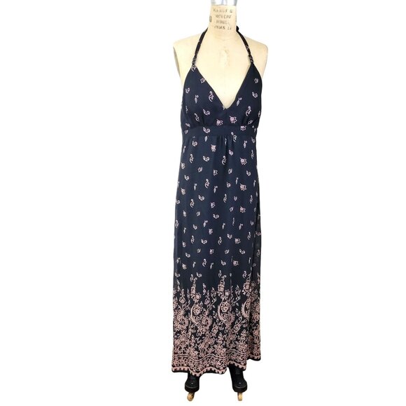 90s Vintage Abstract Print Maxi Halter Dress With Pockets main image 0